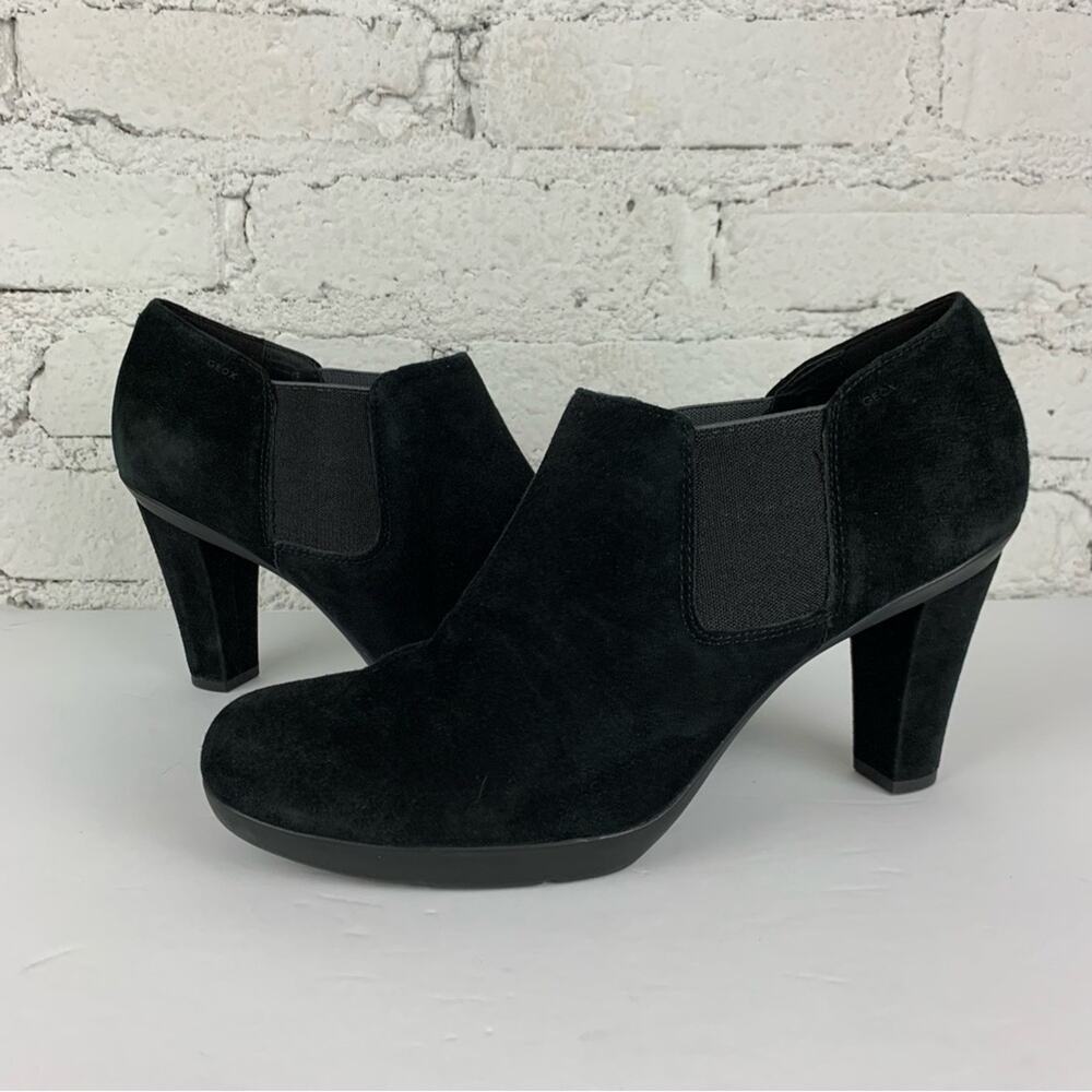 GEOX Respira Inspiration Black Suede Leather Platform Ankle Bootie Heels 41